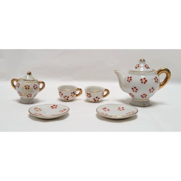Vintage 8 Piece Miniature Maruyama Hand Painted Porcelain Tea Set Red Flowers - Picture 1 of 9